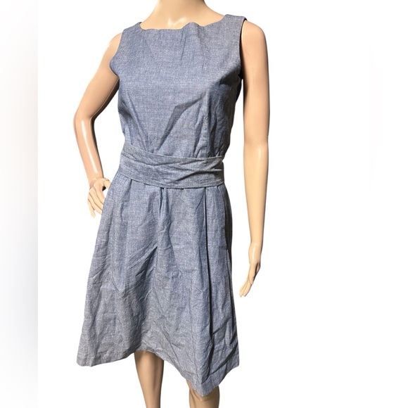 L.L. Bean Signature Chambray Poplin A-Line Belted Cotton Retro Dress Women Sz 4 - Picture 1 of 9